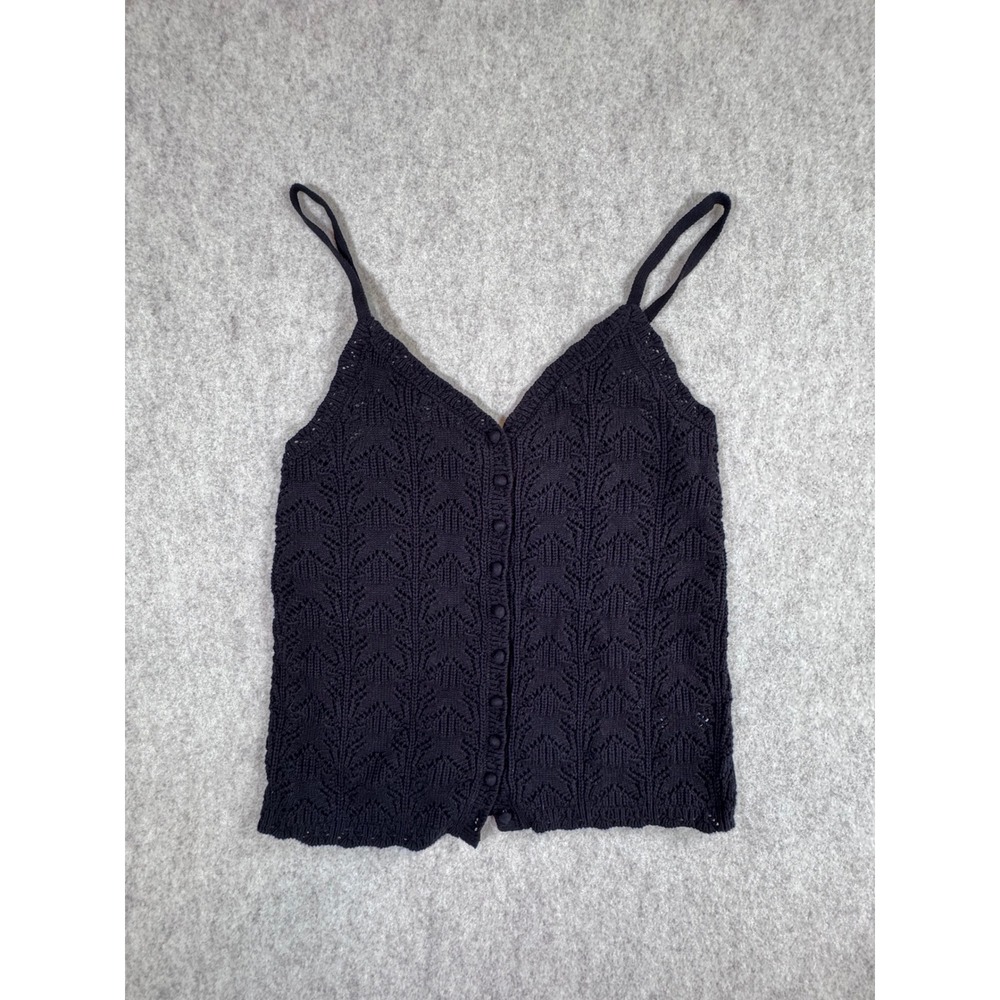 k161. Aerie Black Crochet Knit Button Down Camisole Top Boho Beach Small